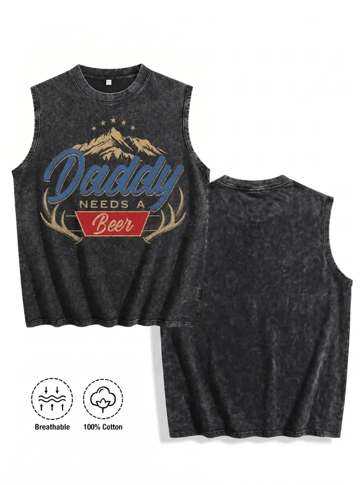 Heavyweight Cotton Graphic Tee Daddy Needs A Beer Shirt Vintage Washed Print Casual Streetwear Soft Breathable Short Sleeve Crewneck Oversized Boxy Fit Everyday Wear Relaxed Fit Father’s Day Gift Retro Humor Top