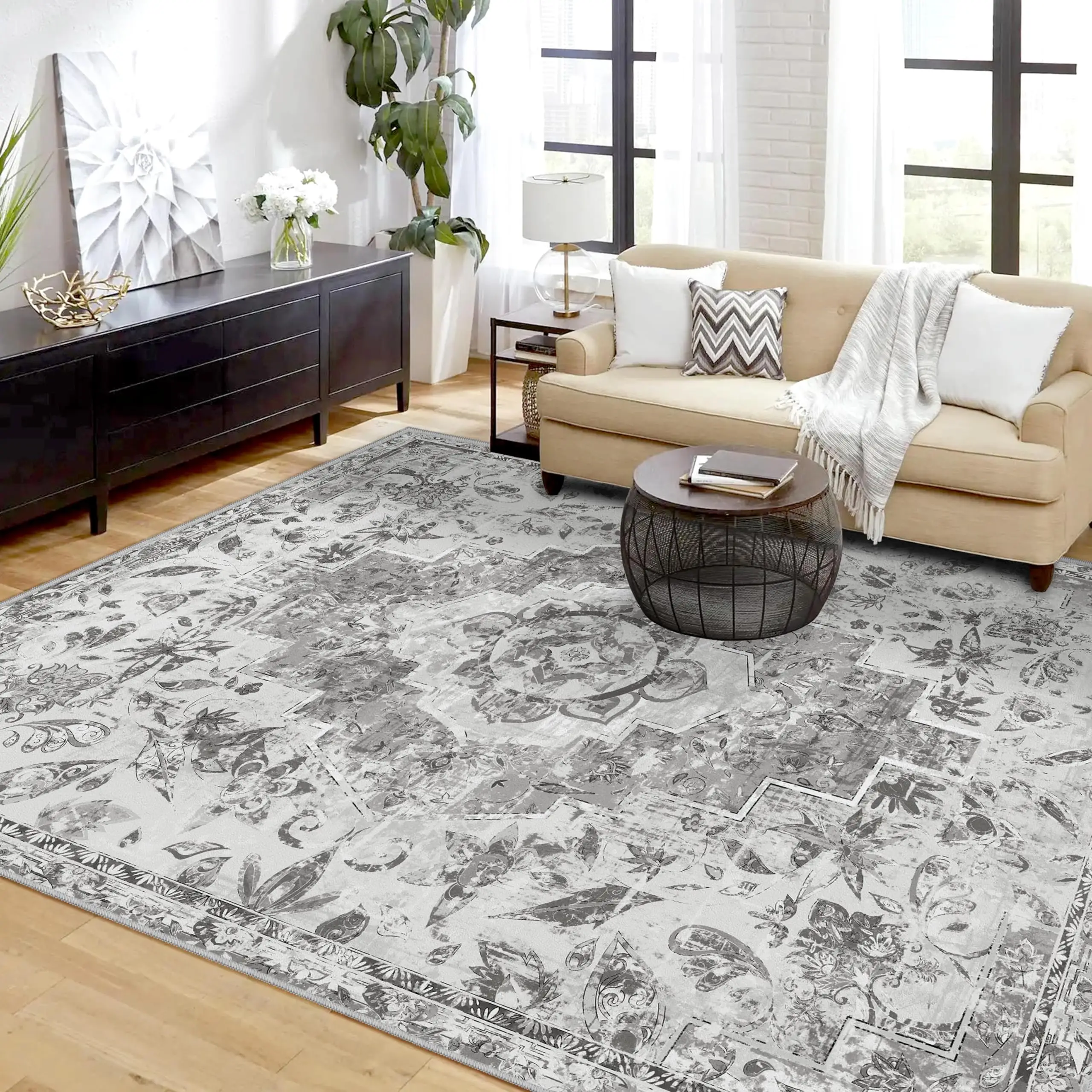 Tritard Machine Washable Vintage Distressed Boho Area Rug with Non-Slip Backing for Living Room, Bedroom, Dining Room, Office, and Kitchen - Springtok