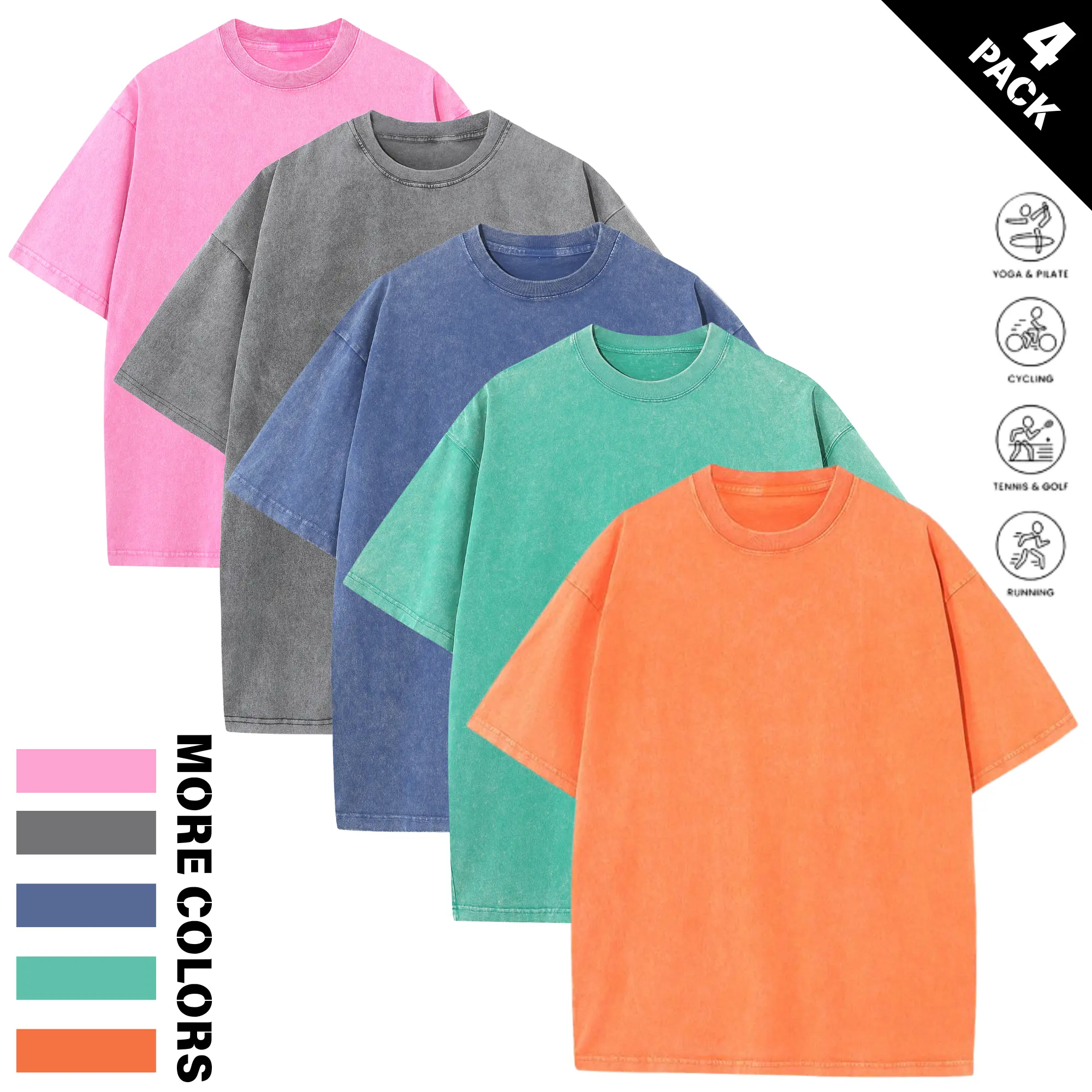 Men's 5-Pack 230 gsm Heavyweight T-Shirts, Vintage Plain Pure Cotton Shirts with an Oversized Drop-Shoulder Fit for Casual Streetwear, Shirt, Shortsleeve