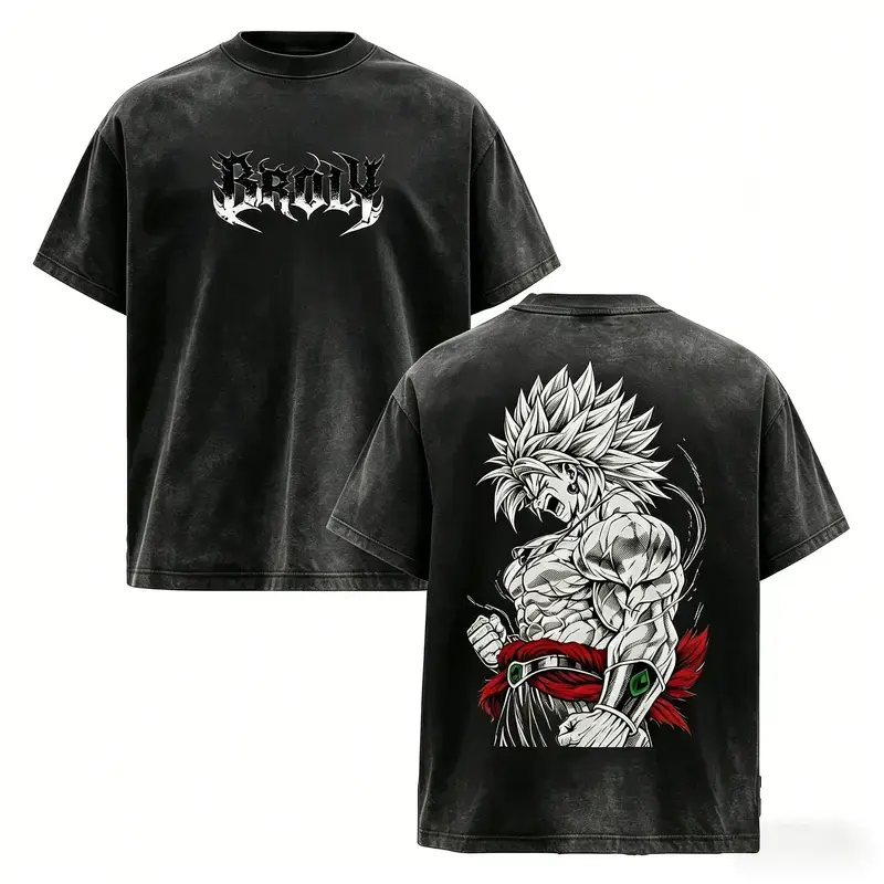 Men's Broly The Legendary Vintage Washed Oversized Graphic Tee - DBZ Double Printed, Heavyweight Cotton Unisex Shortsleeve Apparel, Classic Ribbed Clothing, Gym Pump Cover, Gift for Anime Fans, Streetwear, Vintage Graphic Tees
