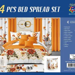 6 King 24 Pieces Bedspread Set with Floral Design, 100% Cotton, Includes 1 Bedspread, 1 Fitted Sheet, 2 Pillow Cases, 2 Cushion Covers, 2 Solid Curtains, 2 Point Curtains, 1 Mat, 1 Shower Curtain, 1 Basket