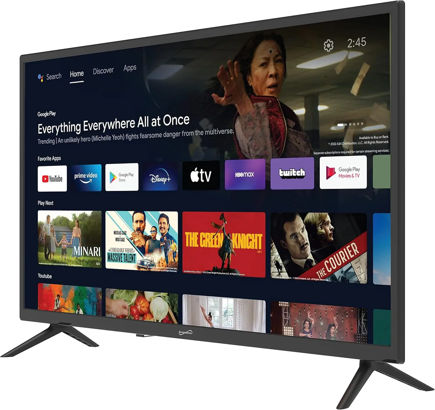 Supersonic 32-In LED Smart HDTV (SC-3250GTV) with Full Function Remote Control, 1080p HD Resolution, 60Hz Refresh Rate, Built-In Google Assistant, ATSC-NTSC Compatibility, LED Screen Displays, Ethernet(LAN), AC Plug, Energy Saving