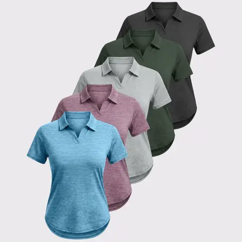 Noeallyrisss Women's 5-Pack Deep V-Neck Short-Sleeve Quick-Drying Dry Fit Polo Shirts, UV-Protective Fitted Athletic Tops for Golf, Daily Wear