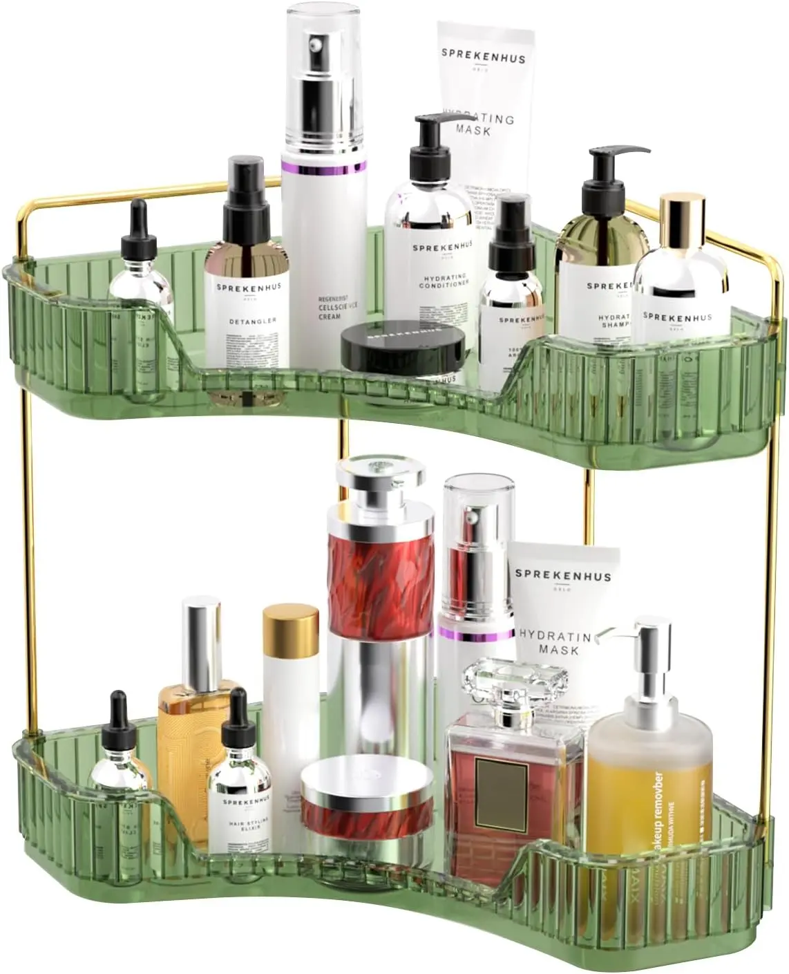 2 Tier Corner Bathroom Counter Organizer, Clear Countertop Shelf Storage Rack, Cosmetic Makeup Perfume Tray Holder with Gold Metal Pole, Skincare Sink Organizer for Vanity Kitchen Countertop, Transparent Display Shelf