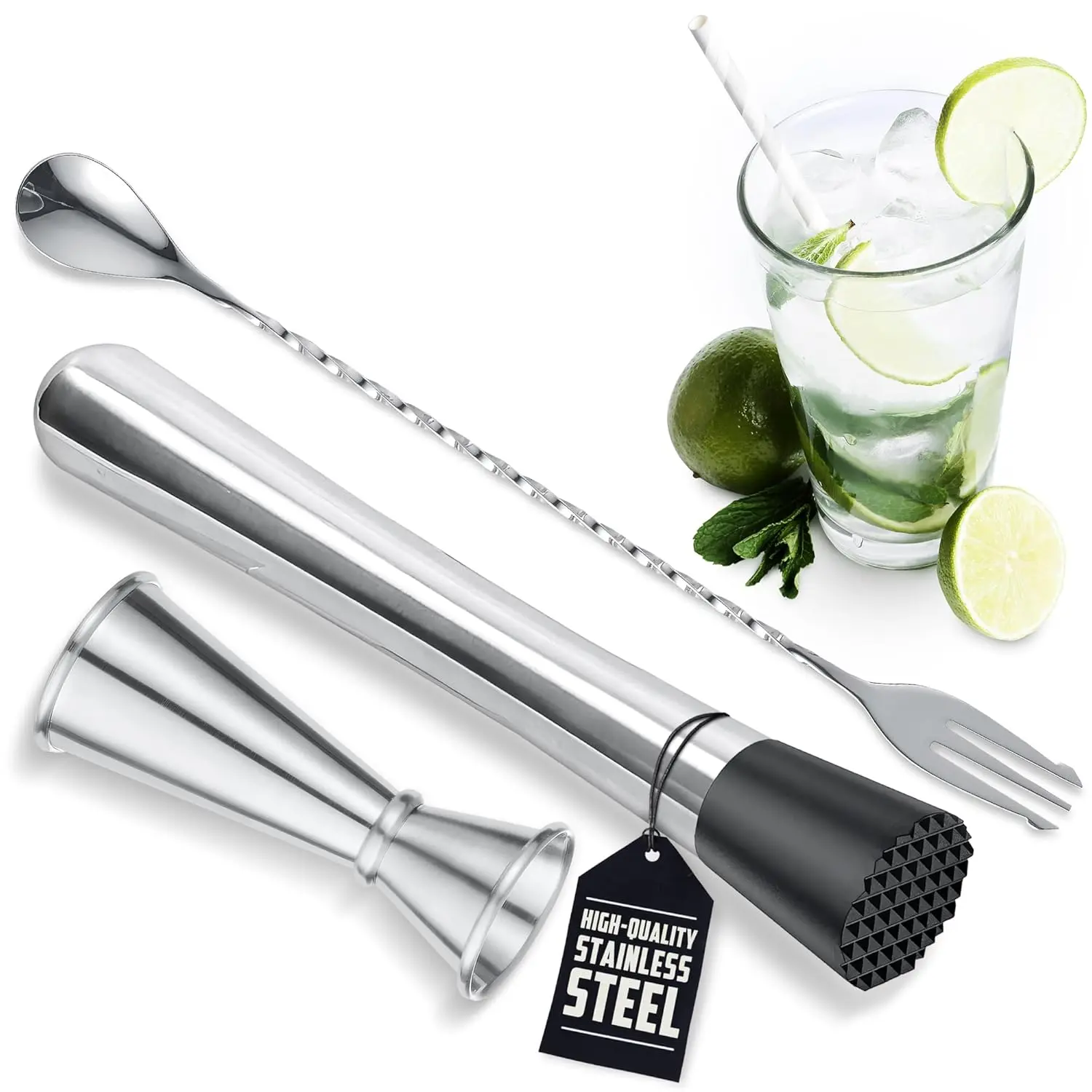3 Pcs Muddler for Cocktails Set,Including Bar Muddler Tool with Sturdy Head,Versatile Cocktail Spoon & Jigger,Stylish Rust-Resistant Bar Tools for Drinks Mixing,Halloween Christmas Party Gifts,Hand Tools Kits