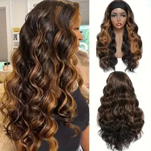 Elegant 26-Inch Long Wavy Headband Wig for Women - Black with Brown Blonde Highlights, 200% Density, Easy-to-Wear Synthetic Hair for Daily & Party