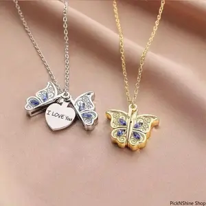 Women's Exquisite Fashion Butterfly Locket Necklace - Openable "I Love You" Pendant, Dainty Engraved Heart Initial Custom Script Jewelry, Valentine Gift for Her Daily Wear, Dainty Necklace