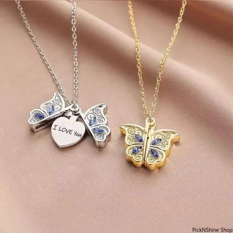 Exquisite Butterfly Locket Necklace for Women, Openable with Engraved "I Love You" Initial Letter, Custom Script Fashionable Accessory, Pendant, Gifts