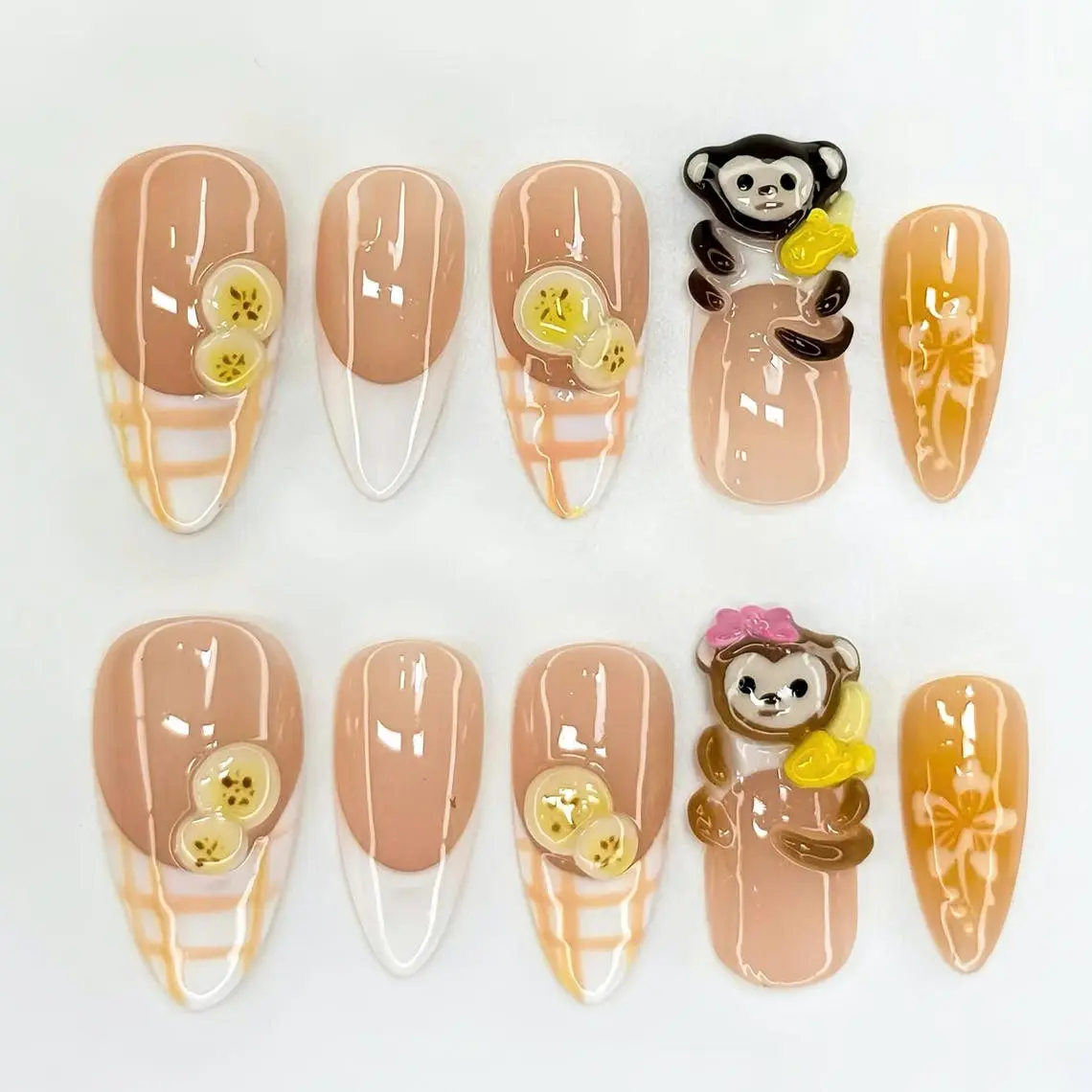 Kawaii Banana Monkey Press On Nails, Cute 3D Fruit Acrylic Nails, Handmade Cartoon Nail Art, Fun Fruit Press On Nails, Summer Nails, Beach