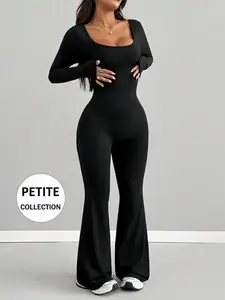 Women's French Vintage Square Neck Romper, Long Sleeve High Waist Fitted Flared Pants, Spring & Fall Fashion, Sexy and Elegant Style