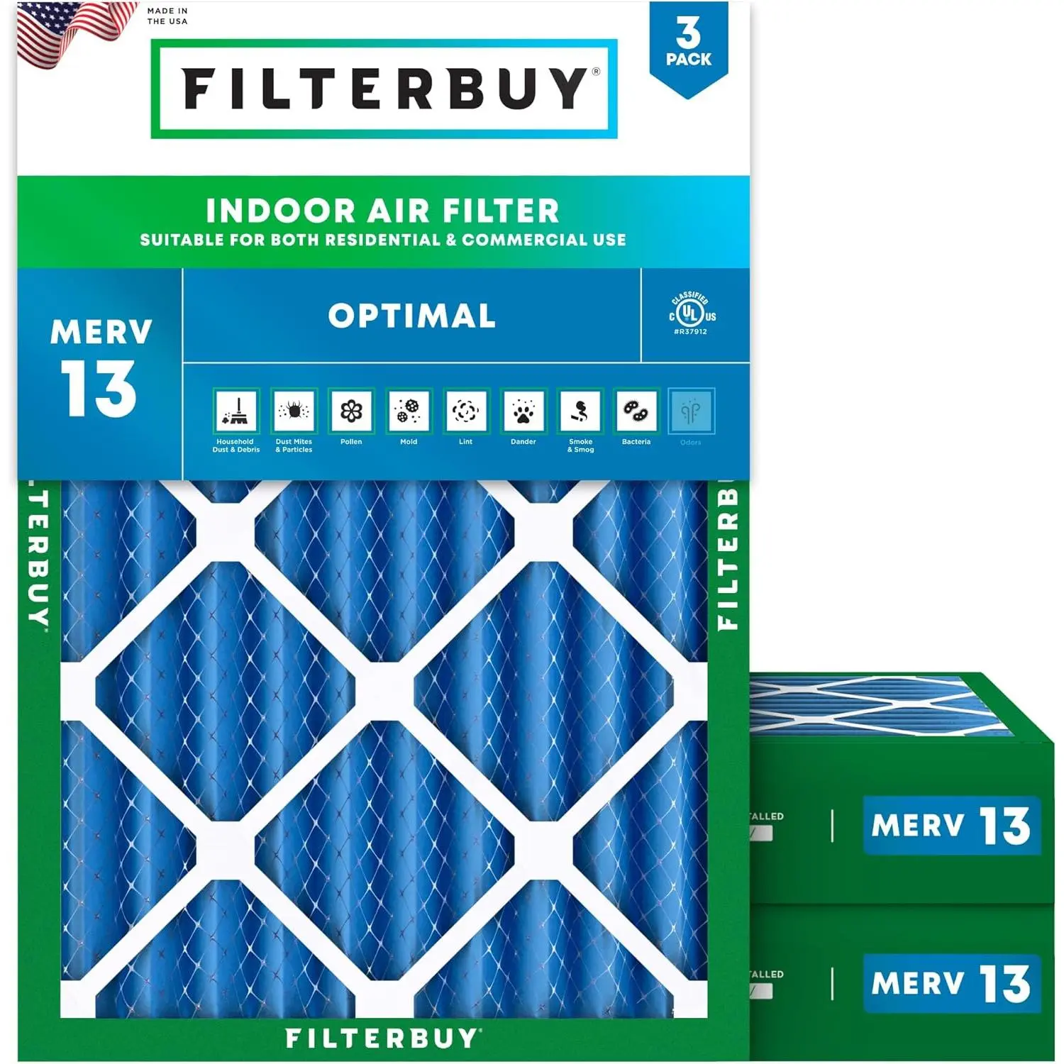 Filterbuy 20x25x4 Household Synthetic Durable HVAC AC Furnace Air Filter Replacement Parts (3-Pack), Pleated MERV 13 Optimal Defense (Actual Size: 19.50x24.50x3.63 in)