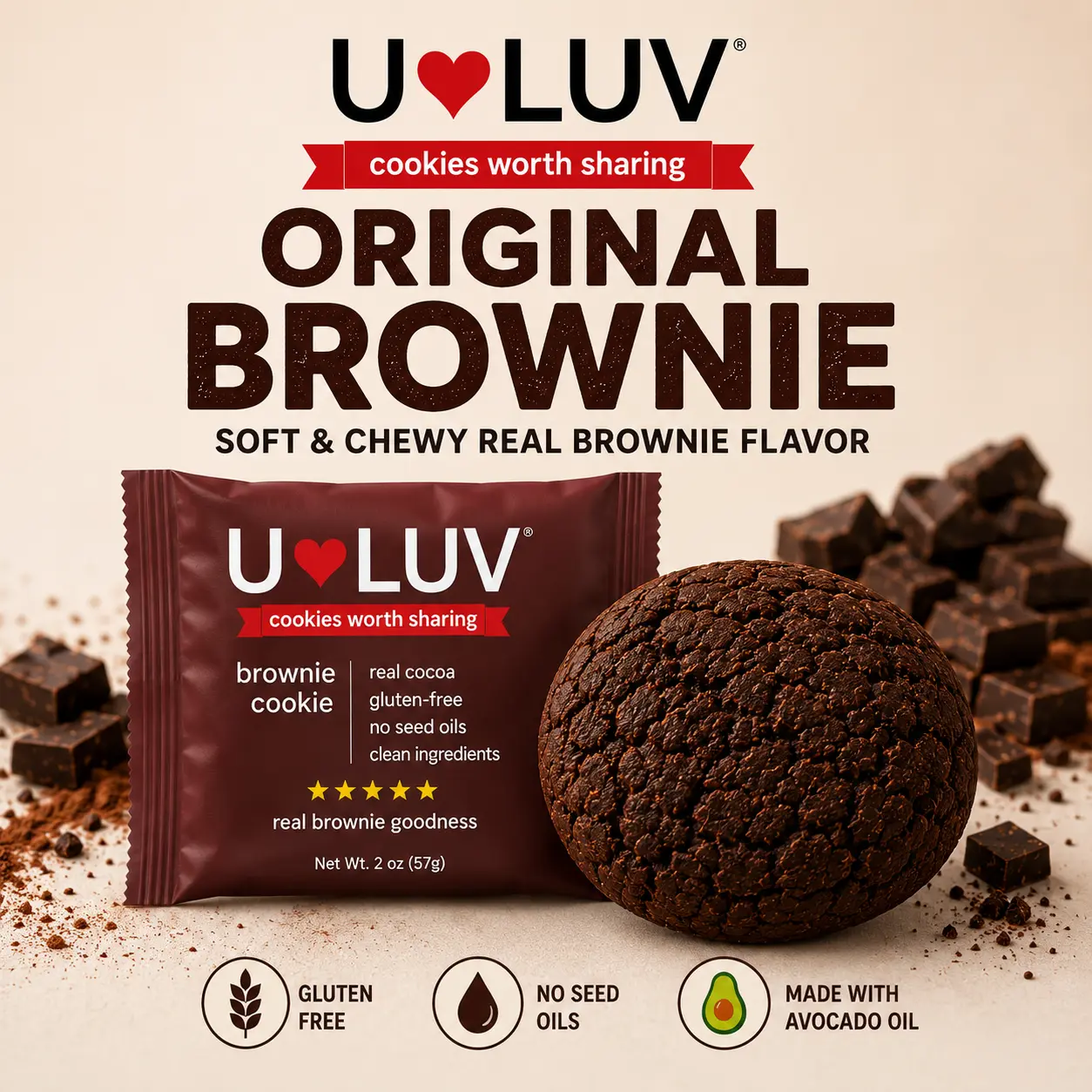 U-LUV Original Brownie Cookie 4-Pack | Soft & Chewy Cookies | Gluten Free | Made with Avocado Oil | Clean Ingredients | Allergen Friendly