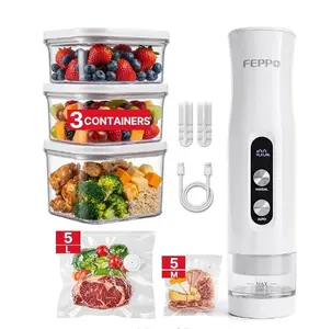FEPPO Compact Vacuum Sealer for Food,  Anti-Overflow Handheld Vacuum Sealer Machine with 3 Containers & 10 Reusable Bags, -65kPa Powerful Suction, Auto & Manual Modes, Portable Food Vacuum Sealer for Kitchen, Travel, RV #Summervibes