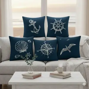 Navy Blue Bio-Based Polyester Printed Pillowcase, Eco-Friendly Biodegradable Sofa Cushion Cover, Ocean-Themed Throw Pillow Cover for Living Room Decor & Dorm Bedroom Aesthetic Design