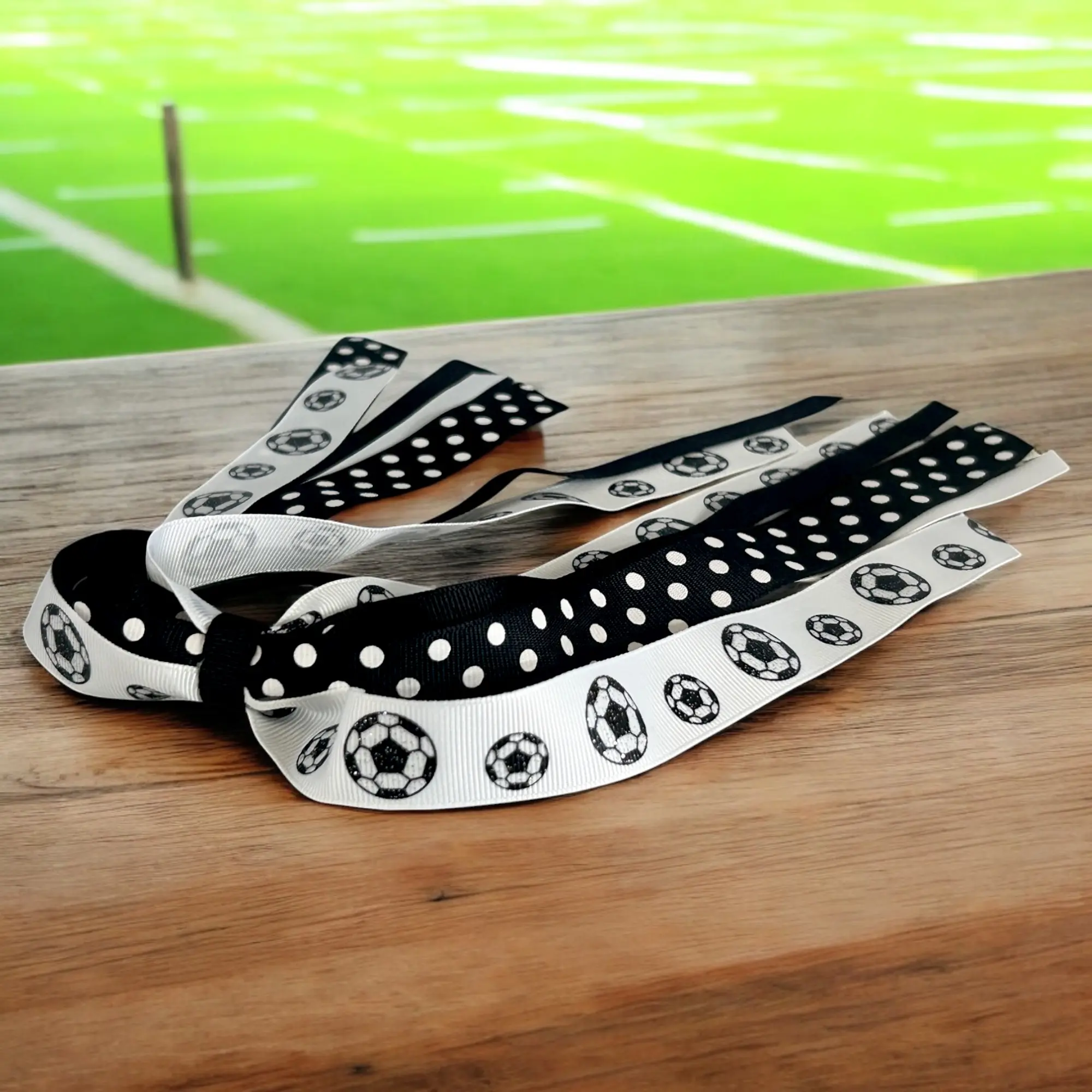 Glitter Soccer Ponytail Holder Hair Bow with Black Polka Dot and White Ribbons for Girls Sports Team
