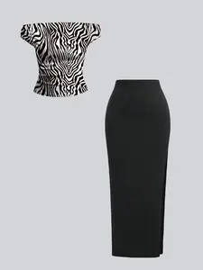 Two-Piece Set Women's Zebra Stripe Print Crop Top & Skirt, Casual Matching Set, Chic Casual Fashion Top & Skirt for Daily Outdoor Wear, Ladies Clothes for Summer, Suits