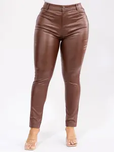 PLUS SIZE FAUX LEATHER PAINTED ON SKINNY STRAIGHT LEG PANTS-BROWN-00