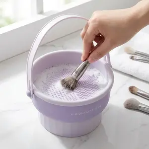 Foldable Makeup Brush Cleaning Bucket - TPR+PP Material, Built-in Silicone Scrubber Pad, Multi-Textured Surface