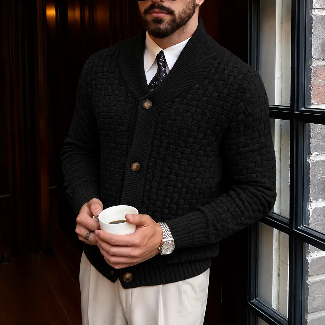 Men’s Textured Waffle Knit Cardigan Sweater - Elegant Menswear Knitwear Top with Wood-Grain Large Buttons, Long Sleeves, Front Opening, Polyester Casual Outerwear for Autumn-Winter Layering, Dry Clean Recommended