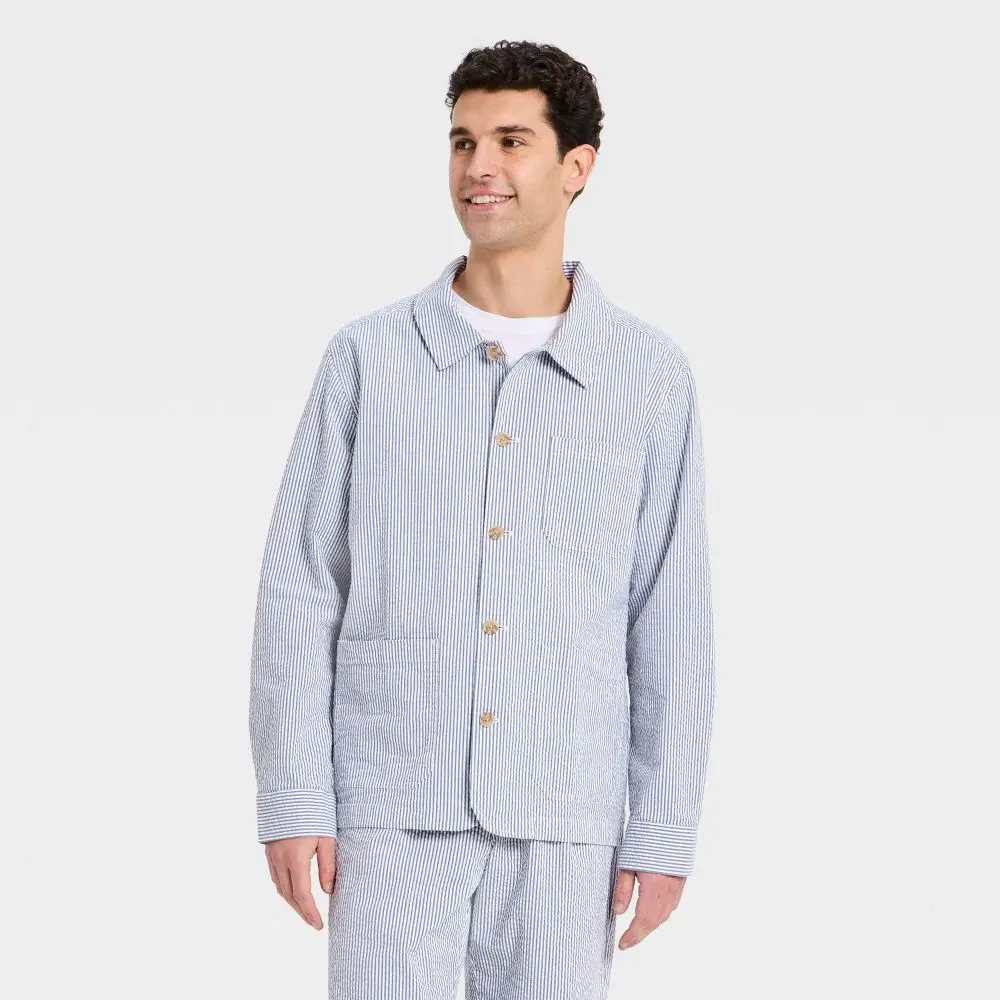 Goodfellow & Co Men's Classic Easter Capsule Seersucker Shacket - Spandex-Blend Garment with Sleeves and Pocket