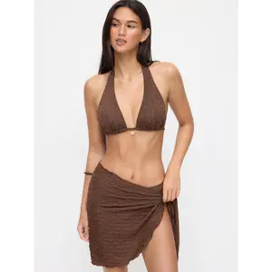 Cider  3 Piece Halter Neckline Lace Triangle Bikini Top & Cheeky Bottom With Sarong Bikini Set