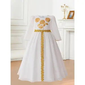 Elegant Crew Neck Long Sleeve Abaya for Girls, White Princess Dress, Polyester, with Contrast Sequin and Belt, for Birthday Party, Middle East Muslim Ramadan, Kids