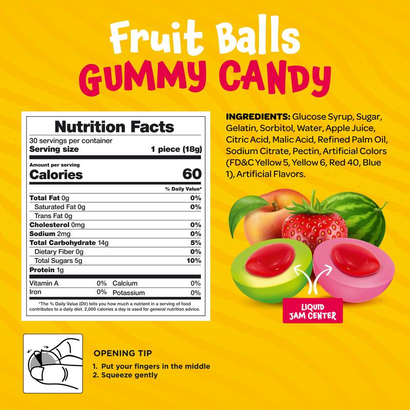 Fruit Gummy Balls Mix - 19 Ounce Jar (30 Count) - Jelly Filled Gummies - Individually Wrapped Gummy Candy - Watermelon, Strawberry, Peach - Candy for Goody Bags by Funtasty