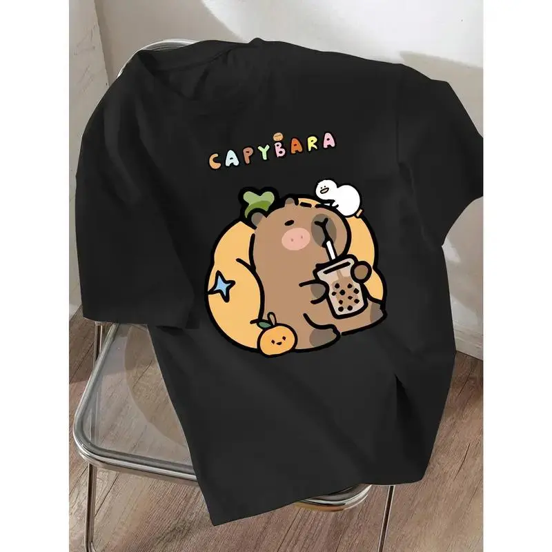 Women's Cotton Soft Short Sleeve Round Neck T-Shirt - Foldable, Seamless Smooth Fabric, Loose Fit Capybara Cartoon Graphic Top, Perfect for Everyday Casual Wear, Solid Women's Clothes