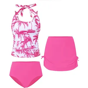 Halterneck Tankini Drawstring Printed Swimwear for Teen & Tween Girls (7-16T)