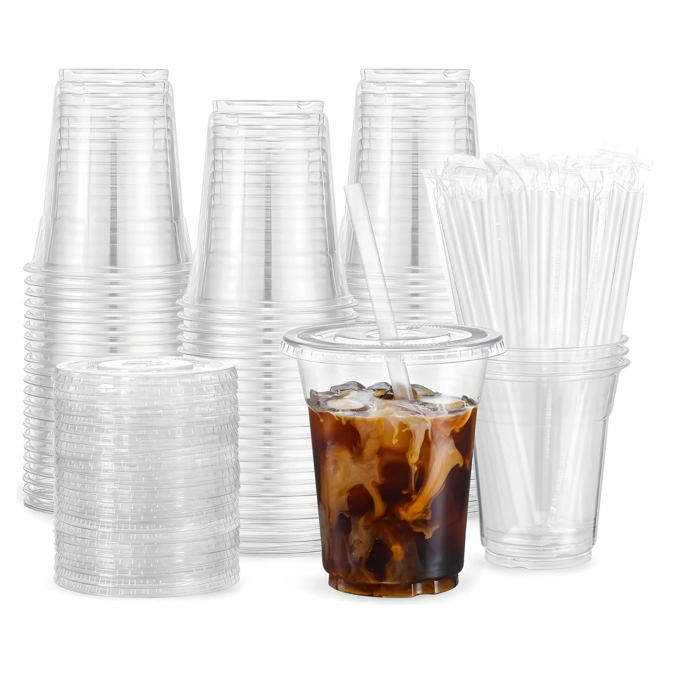 12 oz Plastic Beverage Cups with Lids and Straws, Clear Iced Coffee Cups with Lids, Disposable Cups with Lids for Cold Drinks, Iced Tea, Milkshakes, Smoothies, Disposable Plastic Glasses - Durable & BPA Free