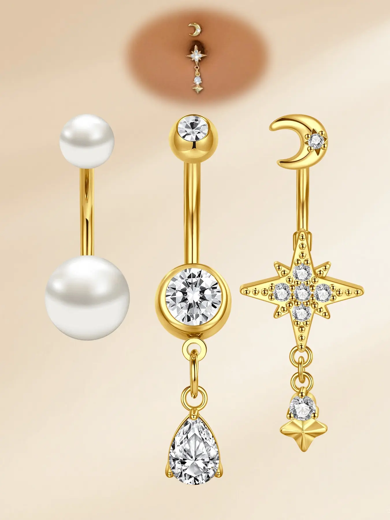 3 Pieces Cubic Zirconia Sparkling Zircon Inlay Belly Button Rings for Women's Daily Decoration, Stainless Steel Short Bar Belly Button Rings 16G Belly Button Piercing Jewelry, Body Piercing Jewelry 10mm Stem, Body Jewellery
