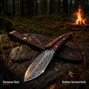 【Father's Day Best Gift】Portable Survival Knife (Wooden Handle with Leather Sheath) - Feather-Patterned Blade | Suitable for Game Processing and Wilderness Survival | Perfect Hunting Gift for Men