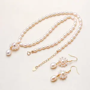 Beaded Flower fresh water pearl Adjustable set/Necklace and Earring