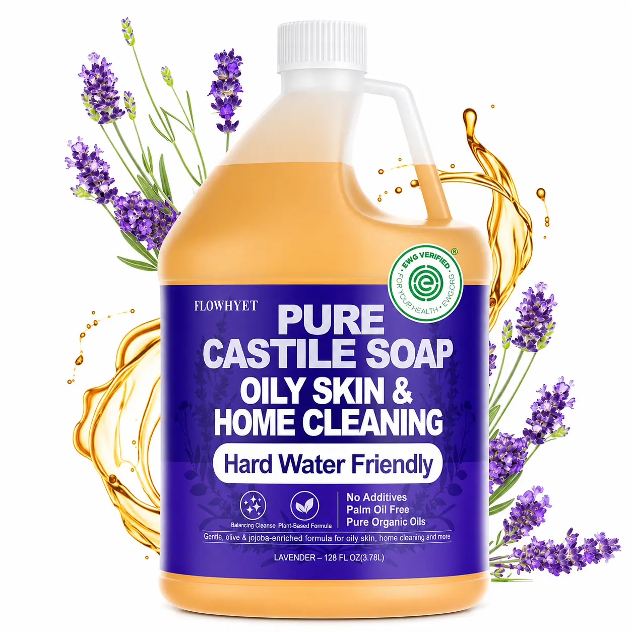 FLOWHYET EWG Verified Lavender Scented Pure Castile Refill (128 fl oz/1 gal) - Gentle Daily Sensitive Body Care Foam Cleanser for Oily Skin, Hard Water Friendly Hand Wash