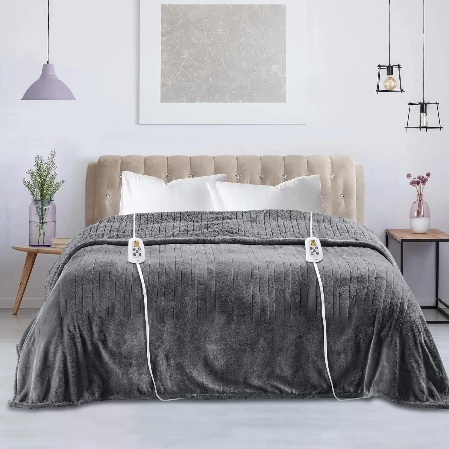 Sunvivi Queen Size Corded Heated Throw Blanket, Double-Flannel, Dual Control, 10 Heating Levels, 0.5-12 Hour Auto Shut-Off, Fast Heating, ETL Certified, Machine Washable, Grey for Bedroom Automatic multifunctional blanket