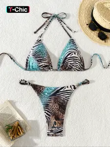 Women's Leopard Print Tie Back Bikini Set, Halter Neck Swim Top & Thong Swim Bottom, Ladies Swimsuit for Beach Holiday Vacation, Swimsuit Style Bikini, Leopard Print Bikinis