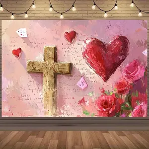 1PC,2D Flat Christian Theme Love Rose Door Banner, Religious Festival Decoration Hanging Cloth, Easter Christmas Church Event Decoration Curtain, Home Wall Decoration Tapestry, Cross Love Pattern Fes