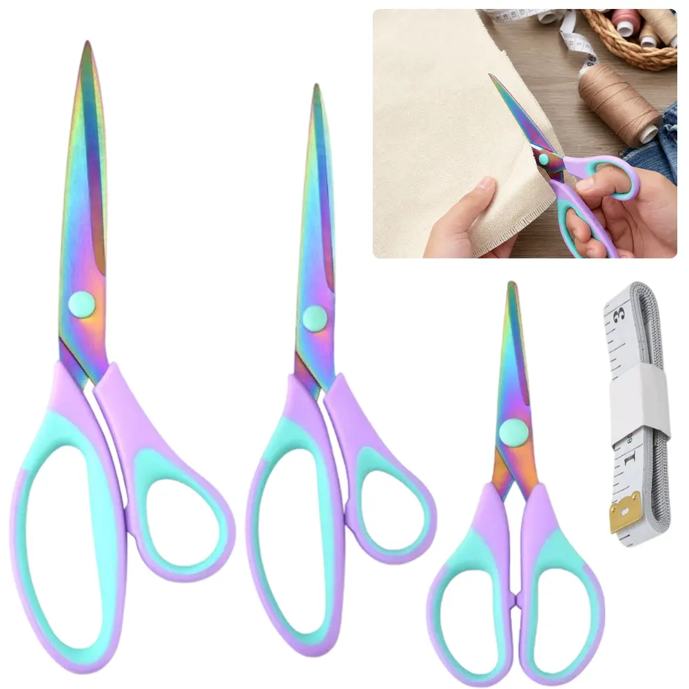 Rainbow Titanium Coated Scissors Set Soft‑Grip Purple Green Handle Multi‑Size Fabric Paper Craft Scissors with Measuring Tape for Sewing Quilting DIY Art School Office Household Cutting Supplies