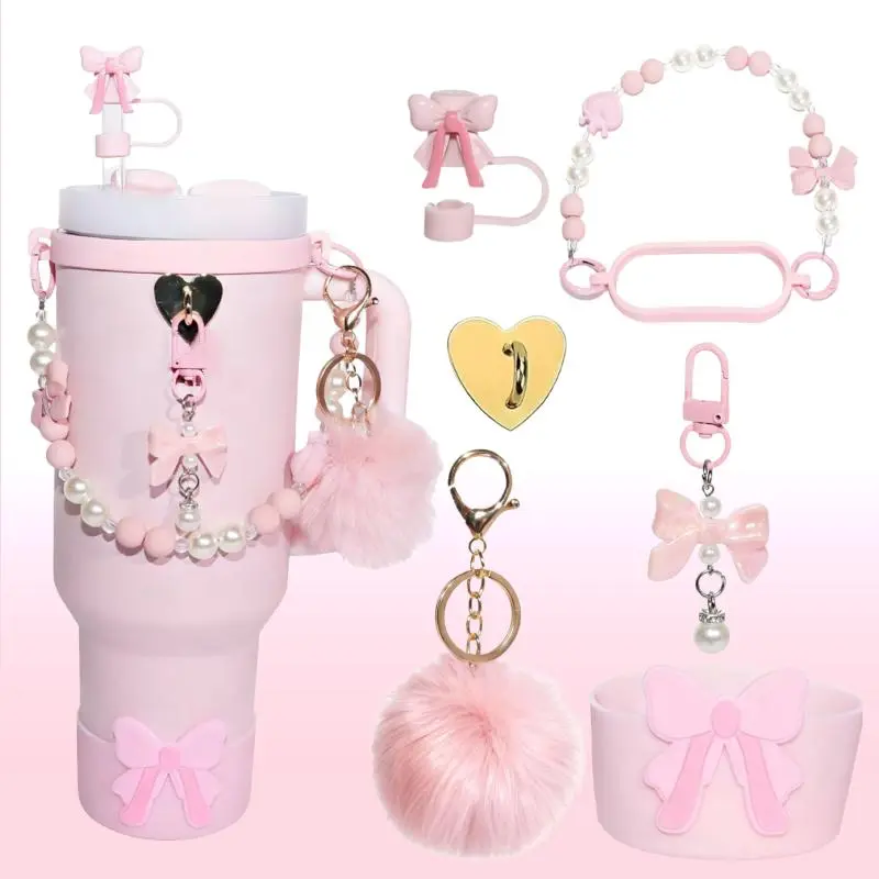 7PCS Cute for Stanley Tumbler Accessories, Dustproof Bow Straw Topper, Anti-Scratch Silicone Boot, Pearl Decor Handle Chain, Pom Pom Charm for Stanley 30oz/40oz Cup, Personalized Cup Decor, Camping Essentials Gift for Women