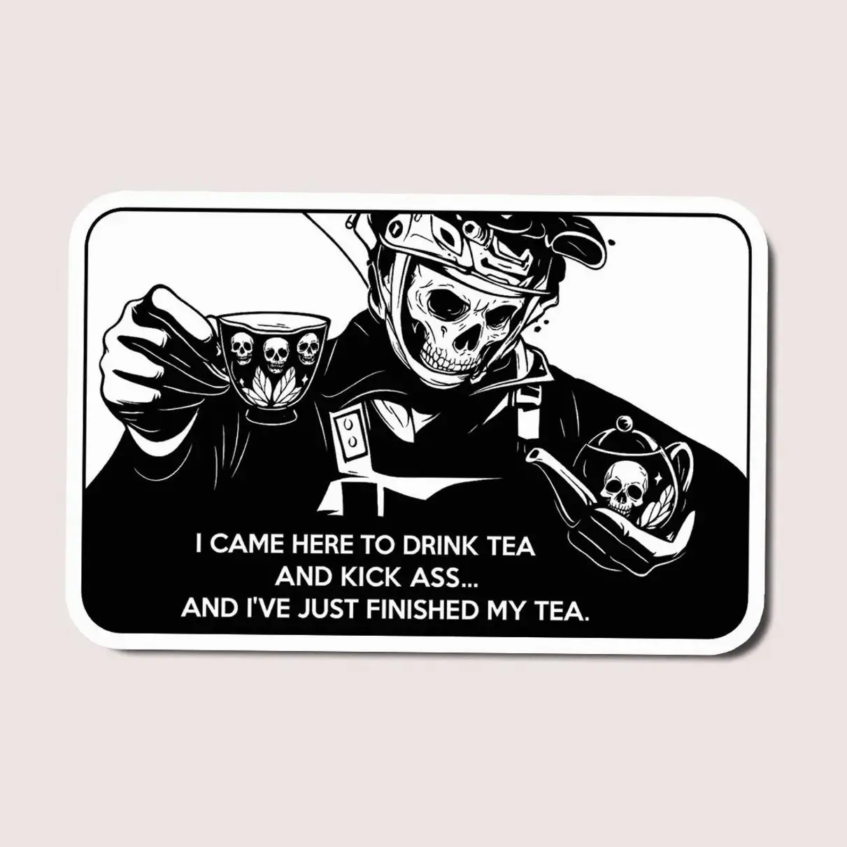 Tactical Tea Time Sticker, Funny Skull Operator Holding Teacup Meme Decal for Laptops, Toolboxes or Military Fans, Laptop Water Bottle Decal Sticker