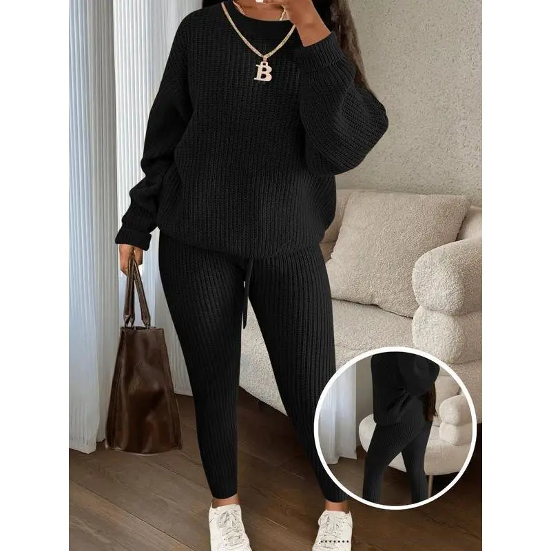 Chic Women's Solid Drop Shoulder Sweater & Drawstring Waist Pants Two-piece Set, Fall Outfits, Casual Fashion Cozy Knitwear Set for Daily Outdoor Wear, Women's Matching Knitwear for Fall & Winter, Womenswear & Underwear, Suits�� gift�� Chic Women's Solid Drop Shoulder Sweater & Drawstring Waist Pants Two-piece Set, Fall Outfits, Casual Fashion Cozy Knitwear Set for Daily Outdoor Wear, Women's Matching Knitwear for Fall & Winter, Womenswear & Underwear, Suits�� gift��
