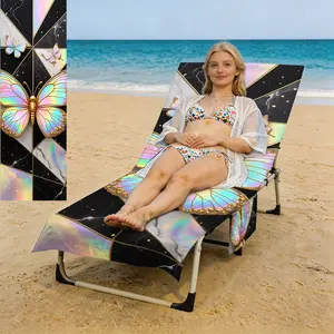 1PC Summer  Iridescent Butterfly Geometry Patterned beach chair cover with pockets, sand and sun protection, foldable microfiber quick-drying and absorbent cover, machine washable soft beach towel, suitable for beach, pool, patio, and outdoor use.