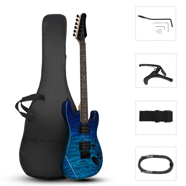 39in Trans Blue Electric Guitar - Maple Neck, Rosewood Fretboard, H-H Pickups, Capo, Bag, Free Musical Instrument Accessory Kit, Guitar Bag