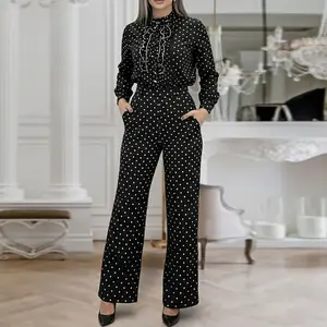 ChicMe Women's 2 Pieces Outfit Ruffle Stand Collar Button Front Top and High Waist Wide Leg Pants Set Casual Polka Dot Print Wedding Guest Commuting Set for Wedding