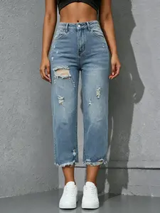 Mid Rise Slim Fit Cropped Medium Wash Denim Pants for Women, Classic Solid Color 8-Point Length Trousers, Comfortable Breathable Daily Wear Jeans, Simple Stylish Design Suitable for Work, Travel, Parties and Various Daily Occasions All Year Round