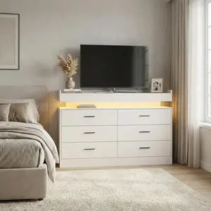 Modern Television Stands & Entertainment Centers with 6 Drawers, Floating Countertop, LED Lights and Charging Station, TV Stand Cabinet and Coffee Bar for Home and Living Room