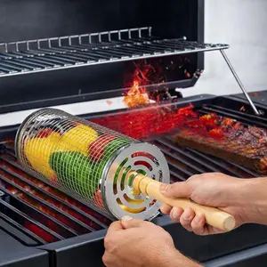 Rolling Grill Basket, Removable Wooden Handle,Stainless Steel, Nesting BBQ Tools, Smoker Grilling Accessories for Vegetable, Outdoor Cooking Camping, Birthday Gifts for Men Dad Husband
