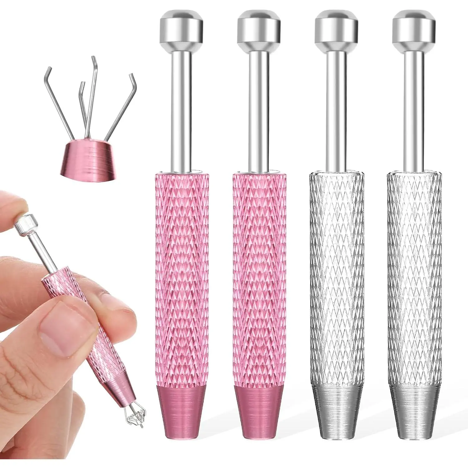 4 Pcs Stainless Steel 4-Prong Claw Piercing Ball Grabber Tool with Textured Handle, Jeweler's Industrial Tweezers for Diamond, Screws, Metal Tiny Objects, Electronic Components, Daily Life Use (Pink, Silver)