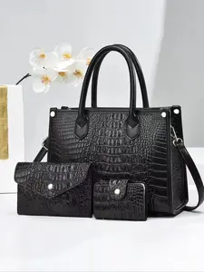 Women's Fashionable Crocodile Embossed Handbag & Clutch Bag & Wallet, Casual Versatile PU Leather Bag Set, Trendy High-quality Daily Commuting Bag