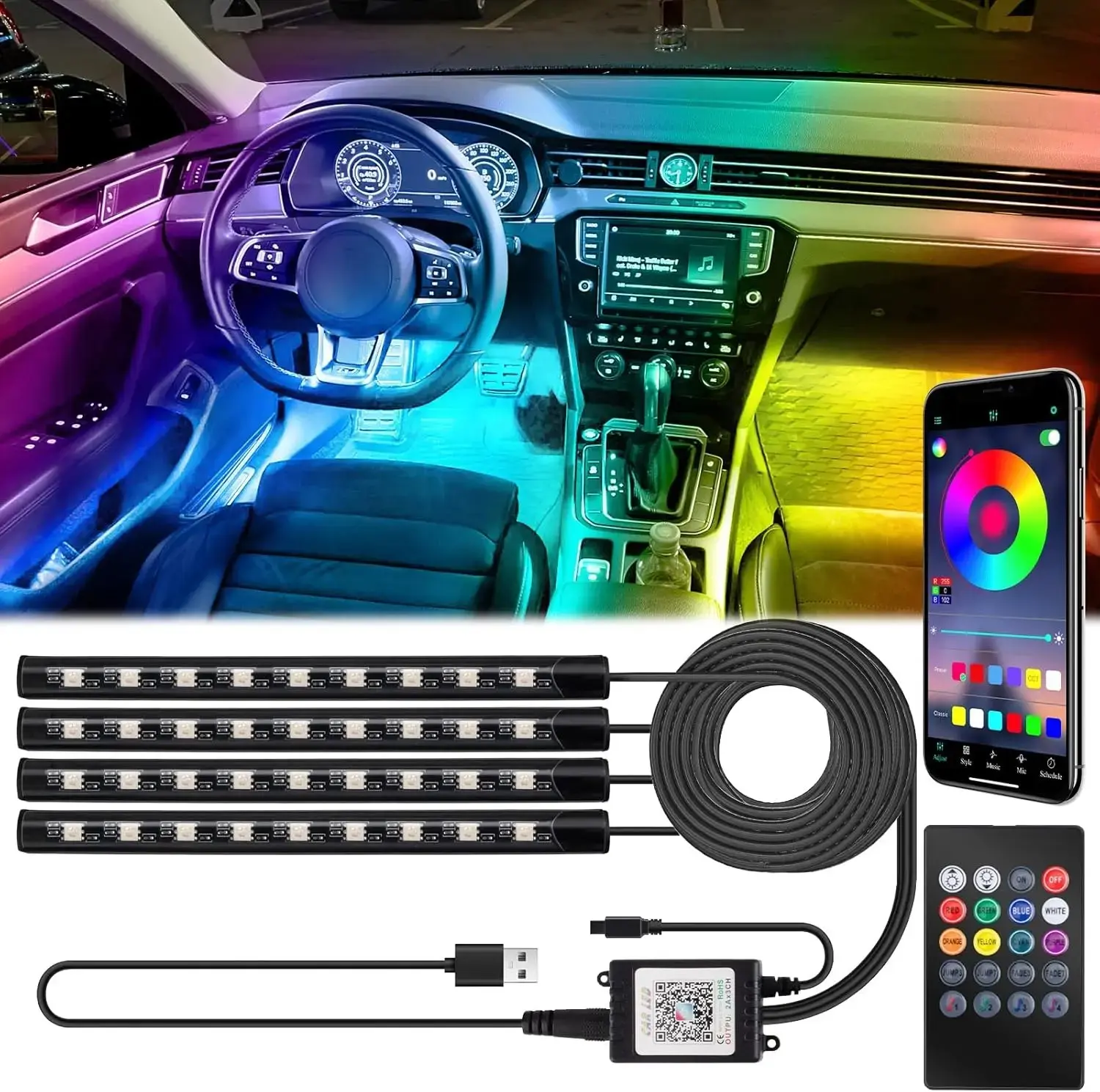 New Deal - LED Strip Lights with USB Adapter: Ambient Car Lighting Kit, App & Remote Control, Music Sync Mode, 4Pcs Strip Lights for SUVs & Trucks, 5V